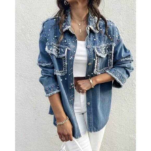 Oversized Denim Jacket with Sequin Pockets, Long Sleeve Casual Shacket - Picture 7 of 8